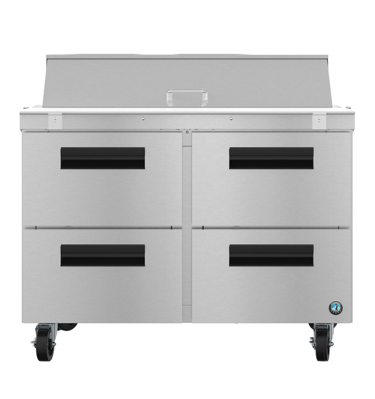 A stainless steel commercial kitchen prep table on wheels with four black-handled drawers, a flat top work surface, and a raised back panel—perfect next to your reach-in refrigerator. Features a small round logo on the lower right corner for easy brand ID.