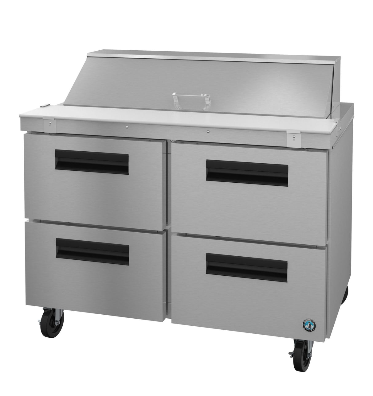 A stainless steel sandwich top refrigerator with four black-handled drawers, a raised prep surface, hinged top lid, and wheels for mobility. Its industrial design is perfect for any professional kitchen or food service environment.
