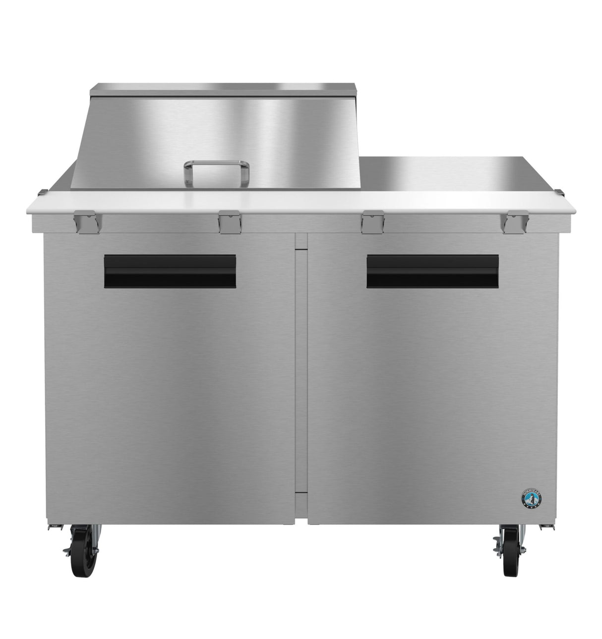 A commercial stainless steel food prep table with a raised prep station and covered top, inspired by the Hoshizaki Steelheart mega top refrigerator, featuring two doors with black handles and four caster wheels for easy mobility in any kitchen or restaurant.