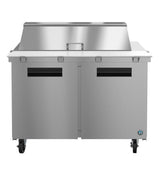 A commercial stainless steel prep table with two doors, a raised mega top refrigerator section with a lid, and four caster wheels. The flat surface and built-in handle enhance its sleek, industrial design for efficient food prep and storage.
