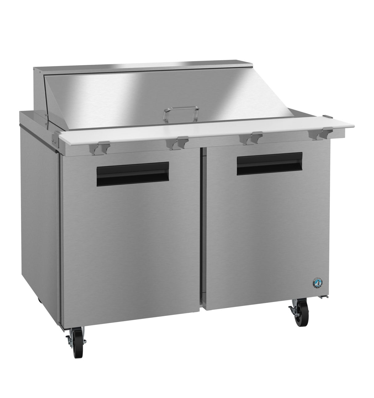 A stainless steel mega top refrigerator with two black-handled doors, a white prep surface, and an angled lid. Four caster wheels provide mobility, making it ideal for use as a sandwich or salad prep station in a professional kitchen.