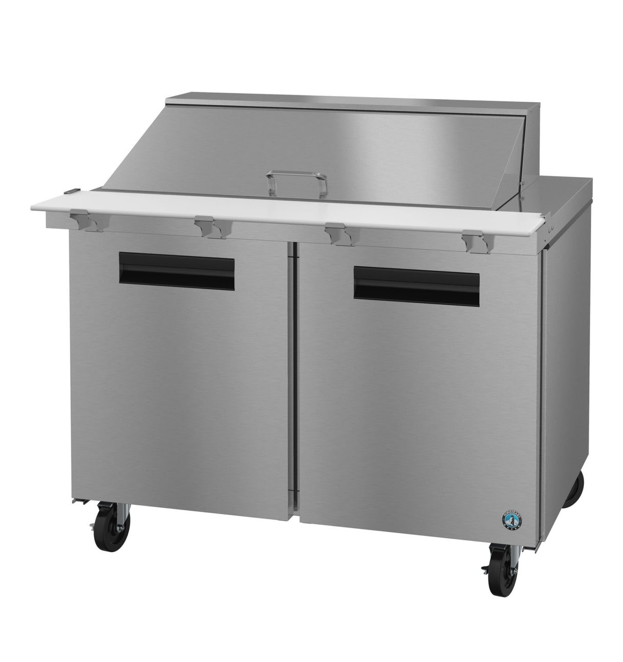 A commercial stainless steel sandwich prep table with a raised mega top refrigerator section, two doors, closed lid, white cutting board, and four caster wheels. The unit features a modern, industrial kitchen design for efficient food prep.