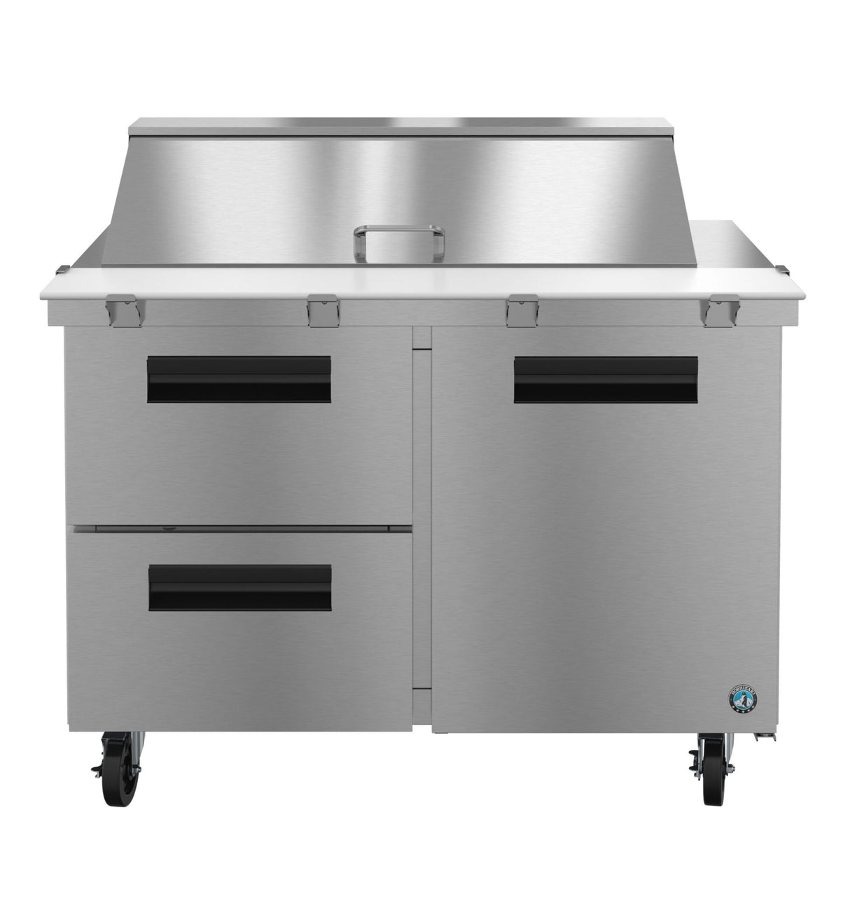 A Hoshizaki SR48B-18MD2 Mega Top Refrigerator prep table with two drawers on the left, a cabinet door on the right, black handles, locking casters, and an elevated back shelf with lid—ideal for kitchen or food preparation tasks.