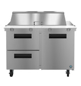 A Hoshizaki SR48B-18MD2 Mega Top Refrigerator prep table with two drawers on the left, a cabinet door on the right, black handles, locking casters, and an elevated back shelf with lid—ideal for kitchen or food preparation tasks.