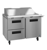The Hoshizaki SR48B-18MD2 Mega Top Refrigerator is a commercial stainless steel refrigerated prep table with two drawers on the left, a double-door cabinet on the right, a raised top with closed lid, and caster wheels for sleek, industrial kitchen mobility.