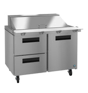 The Hoshizaki SR48B-18MD2 Mega Top Refrigerator is a commercial stainless steel refrigerated prep table with two drawers on the left, a double-door cabinet on the right, a raised top with closed lid, and caster wheels for sleek, industrial kitchen mobility.