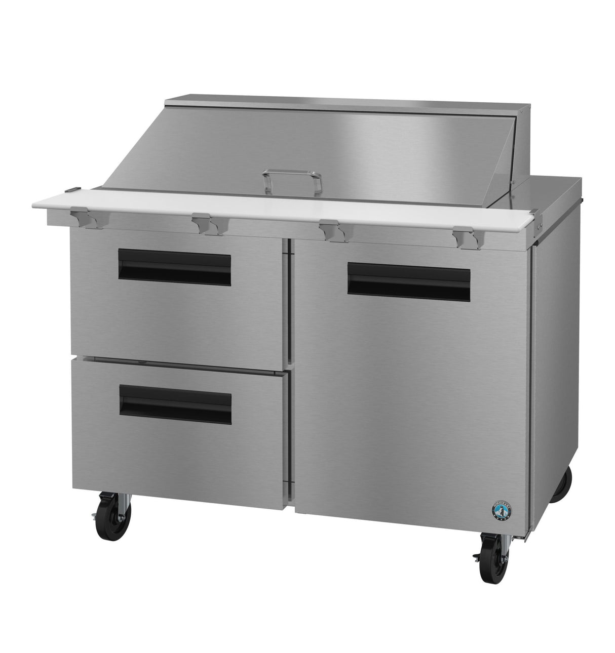 A Hoshizaki SR48B-18MD2 Mega Top Refrigerator prep table features two left drawers, a right two-door cabinet, a white cutting board, and a raised covered compartment—all on wheels for easy mobility. Ideal for any commercial kitchen.