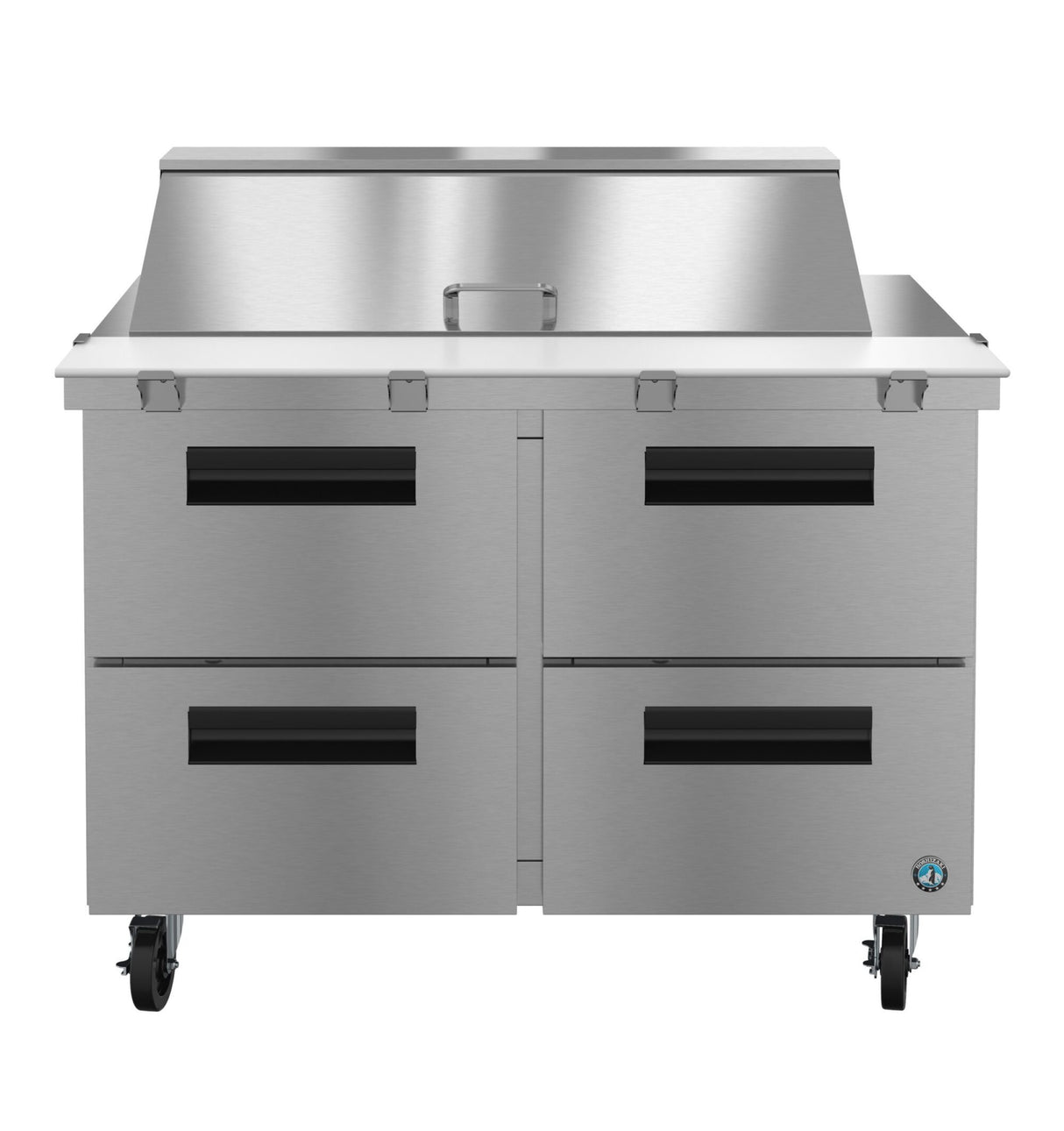 A stainless steel commercial kitchen prep table with four black-handled drawers, a raised rear backsplash, flat workspace, and caster wheels for mobility pairs perfectly with a 48" reach-in refrigerator for efficient food prep and storage.