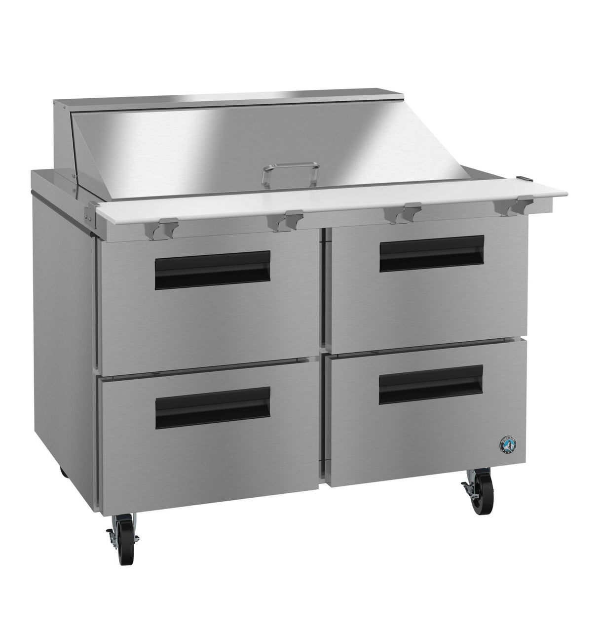 A commercial stainless steel prep table with a top work surface, raised covered section at the back, and four large black-handled drawers below. This sleek unit is on wheels and pairs perfectly with a Mega Top Refrigerator for efficient kitchen setups.