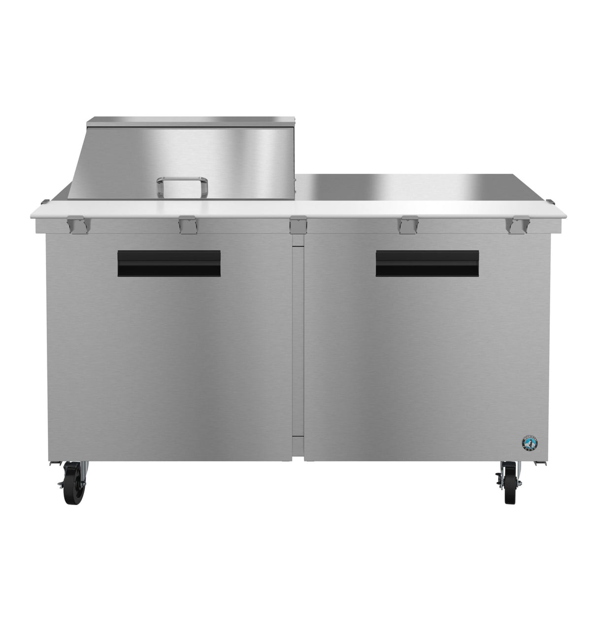 A commercial stainless steel prep table with two doors and a mega top refrigerator-style, raised ingredient section on the left. Features black handles, four caster wheels for mobility, and a sleek, industrial design inspired by Hoshizaki Steelheart units.