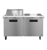 A commercial stainless steel prep table with two doors and a mega top refrigerator-style, raised ingredient section on the left. Features black handles, four caster wheels for mobility, and a sleek, industrial design inspired by Hoshizaki Steelheart units.