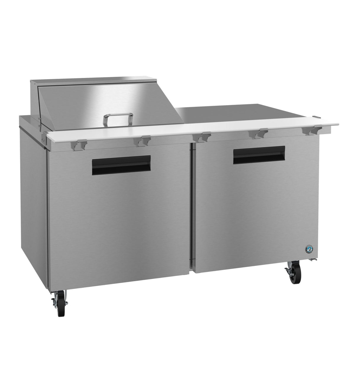A commercial stainless steel prep table with two doors, a raised back section with a lid, and four caster wheels. Inspired by Hoshizaki Steelheart designs, this sleek unit offers a spacious, flat surface for food prep with an industrial look.