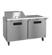 A commercial stainless steel prep table with two doors, a raised back section with a lid, and four caster wheels. Inspired by Hoshizaki Steelheart designs, this sleek unit offers a spacious, flat surface for food prep with an industrial look.