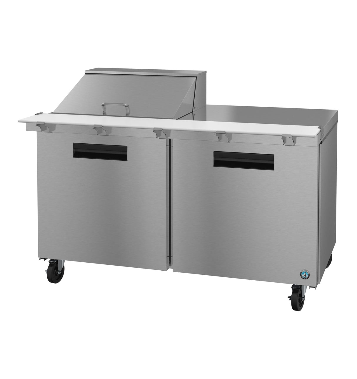 A commercial Hoshizaki Steelheart stainless steel refrigerated prep table with two doors, a raised ingredient rail with lid, white cutting board surface, and four caster wheels. Its sleek, industrial design suits any kitchen.