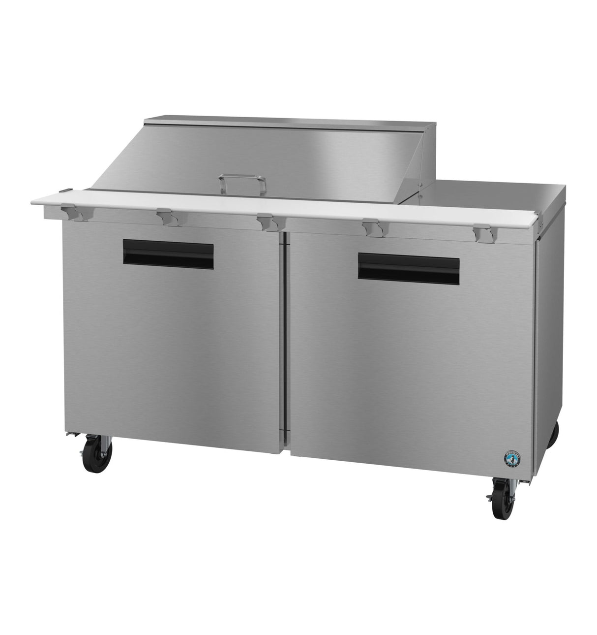 A stainless steel commercial prep table with two black-handled doors, a raised covered section on top, and four caster wheels for mobility; often paired with a mega top refrigerator in restaurant kitchens for food preparation and ingredient storage.