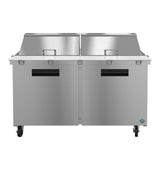 A stainless steel commercial prep table features a mega top refrigerator with two lidded compartments on top, two doors below with black handles, and four caster wheels. Its sleek, modern design is ideal for any restaurant or kitchen space.