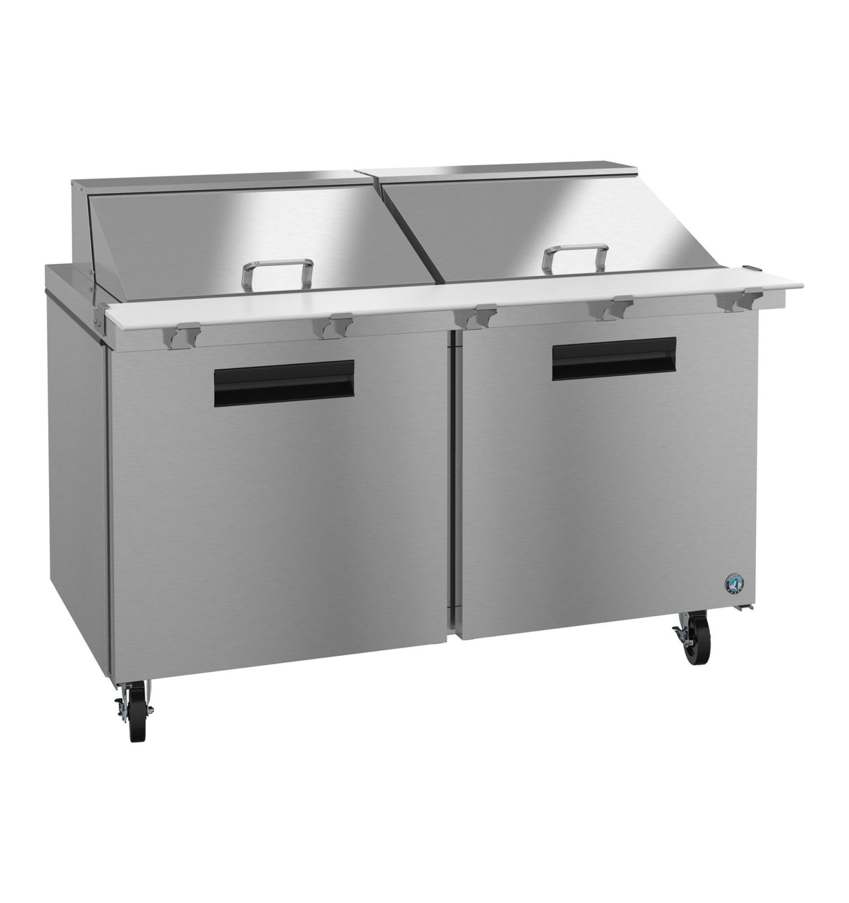A commercial stainless steel mega top refrigerator sandwich prep table with two front doors, two hinged top lids, and a white prep surface. The unit sits on four wheels, featuring sleek industrial handles and a minimalist, professional design.