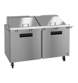 A commercial stainless steel mega top refrigerator sandwich prep table with two front doors, two hinged top lids, and a white prep surface. The unit sits on four wheels, featuring sleek industrial handles and a minimalist, professional design.