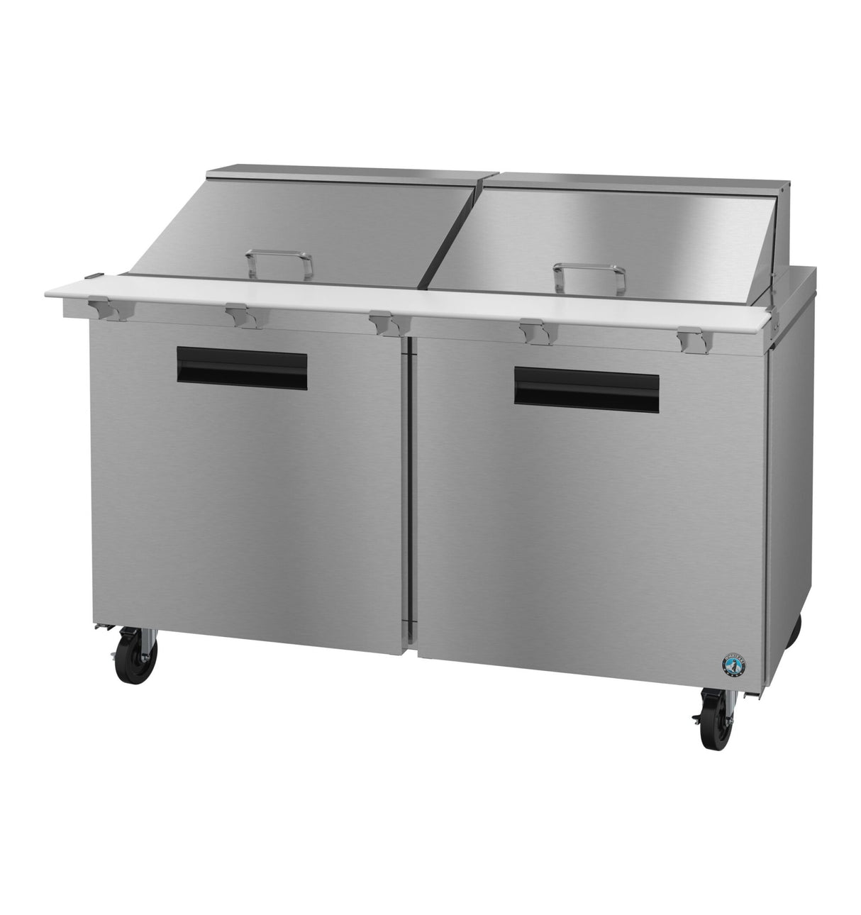 A large stainless steel mega top refrigerator on wheels with two doors, two top lift-up lids, and a wide white prep surface. The unit features recessed handles and a clean, industrial design, ideal for restaurant or food service settings.