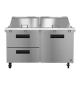 The Hoshizaki SR60B-24MD2 Steelheart Series Mega Top Refrigerator is a large commercial stainless steel refrigerated prep table with two upper lidded sections, two lower pull-out drawers, a right-side door, and four caster wheels for professional kitchens.