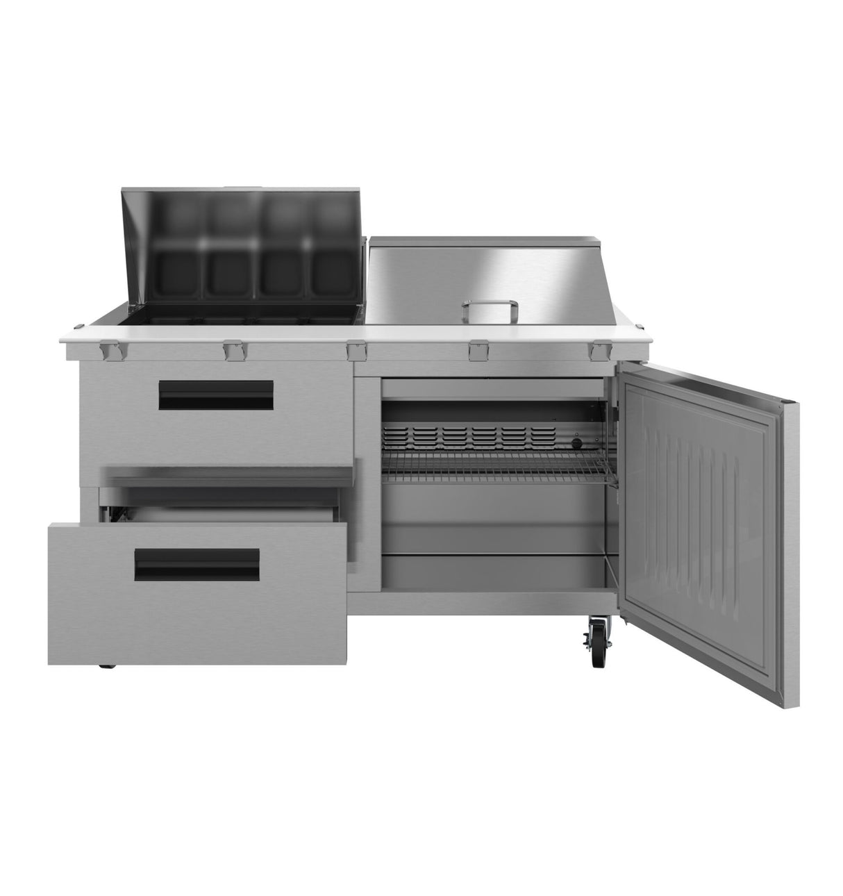A stainless steel Hoshizaki SR60B-24MD2 prep table from the Steelheart Series features two open drawers on the left, an open door with racks and compartments on the right, and two top compartments—plus wheels for easy mobility.