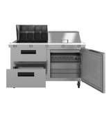 A stainless steel Hoshizaki SR60B-24MD2 prep table from the Steelheart Series features two open drawers on the left, an open door with racks and compartments on the right, and two top compartments—plus wheels for easy mobility.