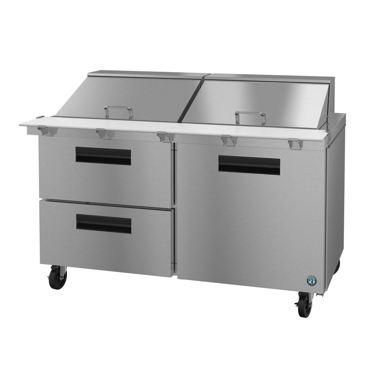 A commercial stainless steel prep table from the Hoshizaki SR60B-24MD2 Steelheart Series features two top lift-up lids, two large pull-out drawers on the left, a double-door cabinet on the right, and four caster wheels for a modern industrial kitchen look.