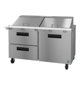A commercial stainless steel prep table from the Hoshizaki SR60B-24MD2 Steelheart Series features two top lift-up lids, two large pull-out drawers on the left, a double-door cabinet on the right, and four caster wheels for a modern industrial kitchen look.