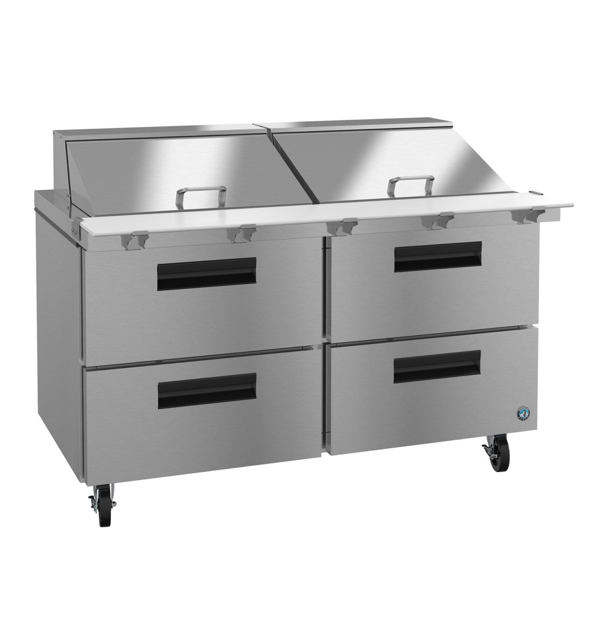 The Hoshizaki SR60B-24MD4 Steelheart Series Mega Top Refrigerator features a large commercial stainless steel prep table with two lidded top compartments, four deep drawers, black handles, smooth mobility on wheels, and a sleek white prep surface.