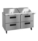 The Hoshizaki SR60B-24MD4 Steelheart Series Mega Top Refrigerator features a large commercial stainless steel prep table with two lidded top compartments, four deep drawers, black handles, smooth mobility on wheels, and a sleek white prep surface.