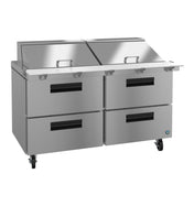 The Hoshizaki SR60B-24MD4 Steelheart Series Mega Top Refrigerator features a large commercial stainless steel prep table with two lidded top compartments, four deep drawers, black handles, smooth mobility on wheels, and a sleek white prep surface.