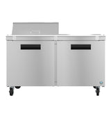A Hoshizaki Steelheart stainless steel refrigerator with two doors, black handles, and four caster wheels. The elevated rear section suits ingredients or tools, while the front has a sleek, industrial look with a small circular logo in the corner.