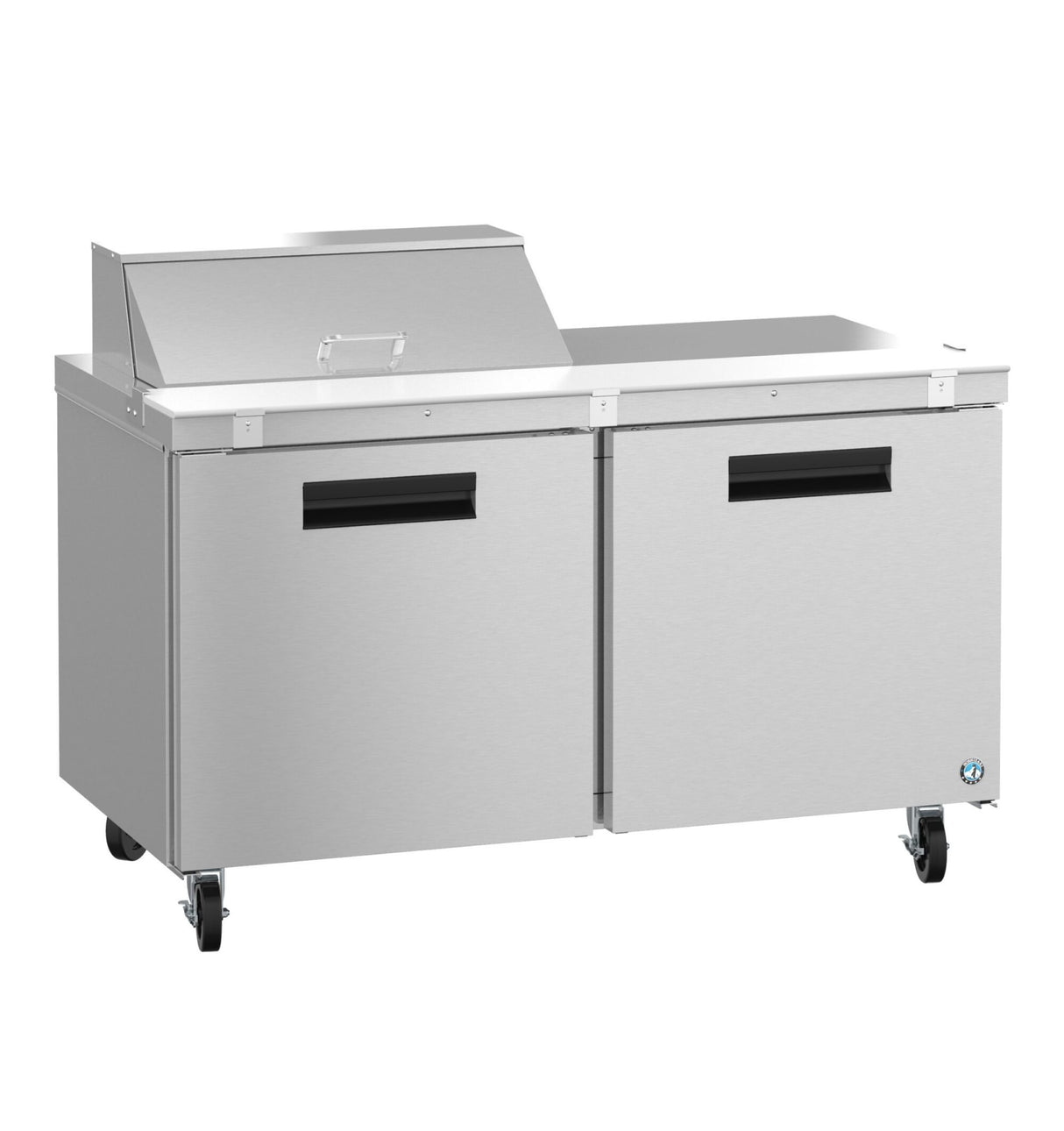 A commercial Hoshizaki Steelheart stainless steel food prep table with two storage doors, a raised covered compartment for ingredients, black handles, and caster wheels—sleek and industrial, ideal for restaurant kitchens.