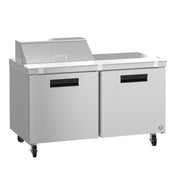 A commercial Hoshizaki Steelheart stainless steel food prep table with two storage doors, a raised covered compartment for ingredients, black handles, and caster wheels—sleek and industrial, ideal for restaurant kitchens.