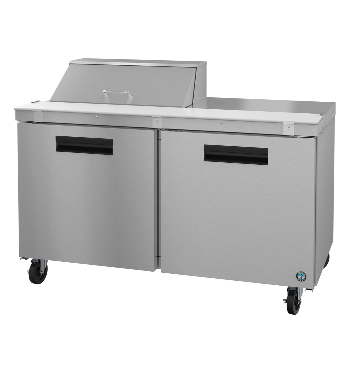 A commercial Hoshizaki Steelheart stainless steel prep table features two doors, black handles, and four wheels. The tabletop includes a raised section with a closed metal lid, ideal for food prep and storage in any professional kitchen.