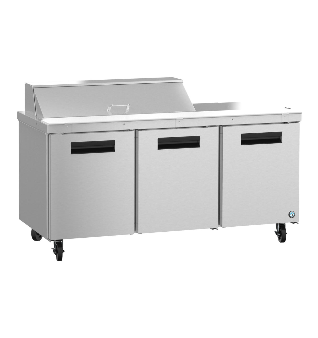 A Hoshizaki SR72B-12 Sandwich Top Refrigerator from the Steelheart Series, this commercial stainless steel three-door prep table features a raised back food prep area, horizontal handles, and four caster wheels for easy mobility against a white background.