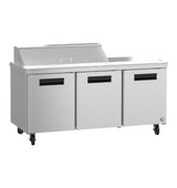 A Hoshizaki SR72B-12 Sandwich Top Refrigerator from the Steelheart Series, this commercial stainless steel three-door prep table features a raised back food prep area, horizontal handles, and four caster wheels for easy mobility against a white background.
