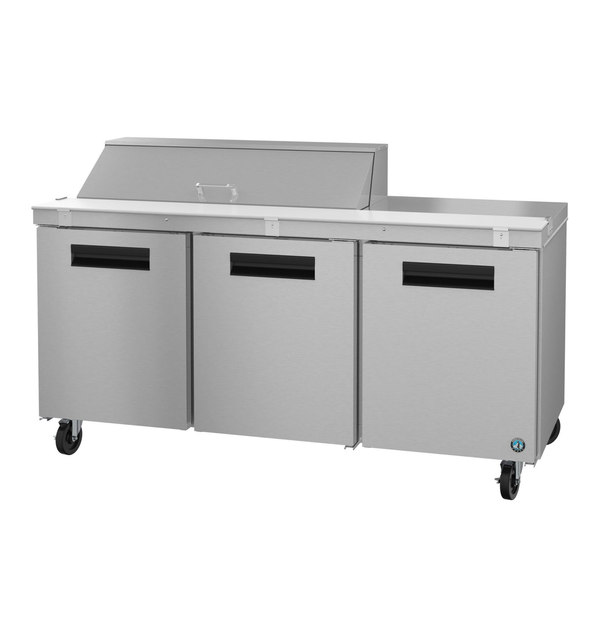 A commercial Sandwich Top Refrigerator from the Hoshizaki SR72B-12 Steelheart Series, this stainless steel food prep table features three undercounter refrigerator doors, black handles, a raised covered section on top, and four wheels for easy mobility.