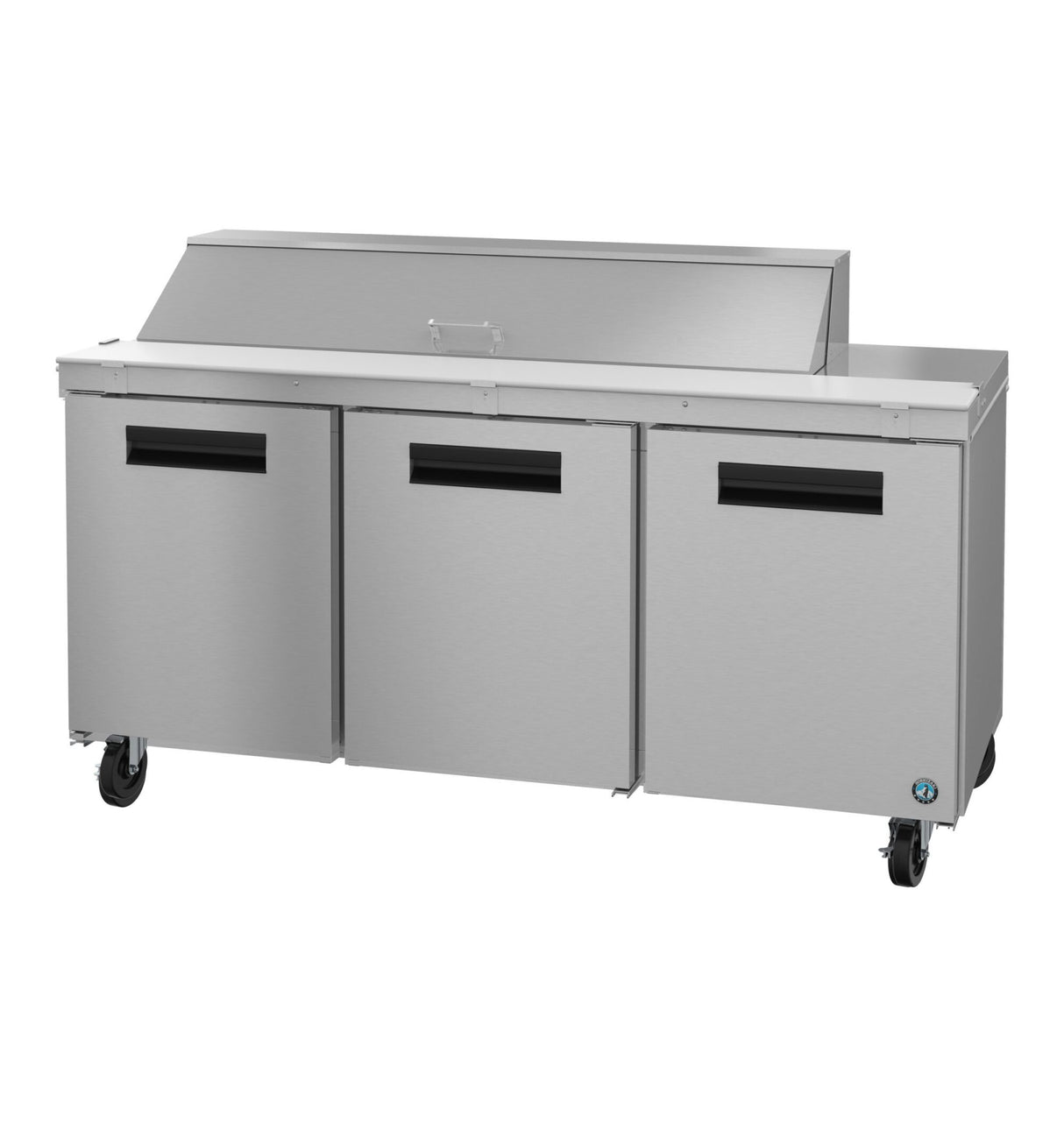 Stainless steel three-section sandwich top refrigerator prep table with black handles, four caster wheels, and a raised covered compartment for storing ingredients—ideal for food preparation in restaurant kitchens.