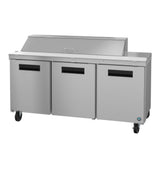 Stainless steel three-section sandwich top refrigerator prep table with black handles, four caster wheels, and a raised covered compartment for storing ingredients—ideal for food preparation in restaurant kitchens.