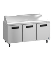 This large Hoshizaki Sandwich Top Refrigerator from the Steelheart Series features three doors, black handles, and wheels. Its raised back section with a hinged lid is ideal for restaurants prepping and storing fresh ingredients.