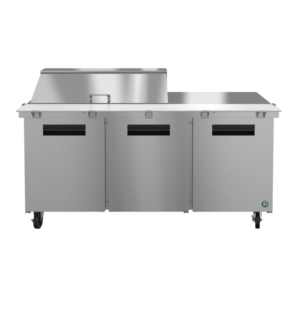 A commercial stainless steel prep table with three compartments, black handles, casters for mobility, and a raised back section for food prep—ideal alongside any Mega Top Refrigerator. The left side has a covered area; the right offers a flat workspace.