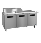 A large Hoshizaki SR72B-18M stainless steel commercial prep table with three cabinet doors, a flat counter surface, raised rear mega top refrigerator section with a closed lid, and four wheels. Clean, modern industrial design suits any kitchen.