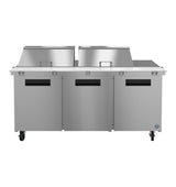 A large commercial stainless steel prep table from the Hoshizaki Steelheart Series features three cabinet doors below, two raised covered compartments on top, and four wheels for mobility; its sleek, industrial design suits any professional kitchen.