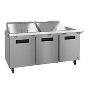 A large Hoshizaki Steelheart Series Mega Top Refrigerator with three doors, two raised covered compartments on top, and casters for mobility. It has a flat prep surface and is ideal for storing ingredients in a professional kitchen.
