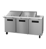 A Hoshizaki Steelheart Series Mega Top Refrigerator, this commercial stainless steel prep table features three sections with recessed handles, two raised, angled lids on top, and four caster wheels for easy mobility. Its exterior is smooth and industrial.