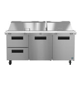 A large 72-inch commercial stainless steel prep table on wheels with two covered compartments on top, three doors below, and two pull-out drawers on the left. This Mega Top Refrigerator has clean, modern lines and is set against a white background.