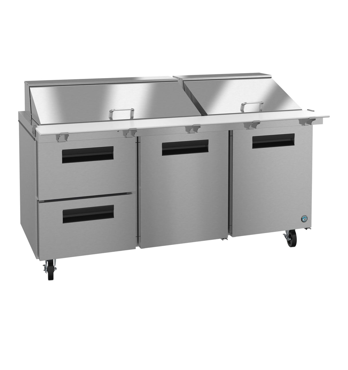 A 72-Inch stainless steel commercial kitchen prep table with two top lids, three lower doors, and two pull-out drawers on the left. This Mega Top Refrigerator is on wheels for mobility and features black handles for a clean, modern look.