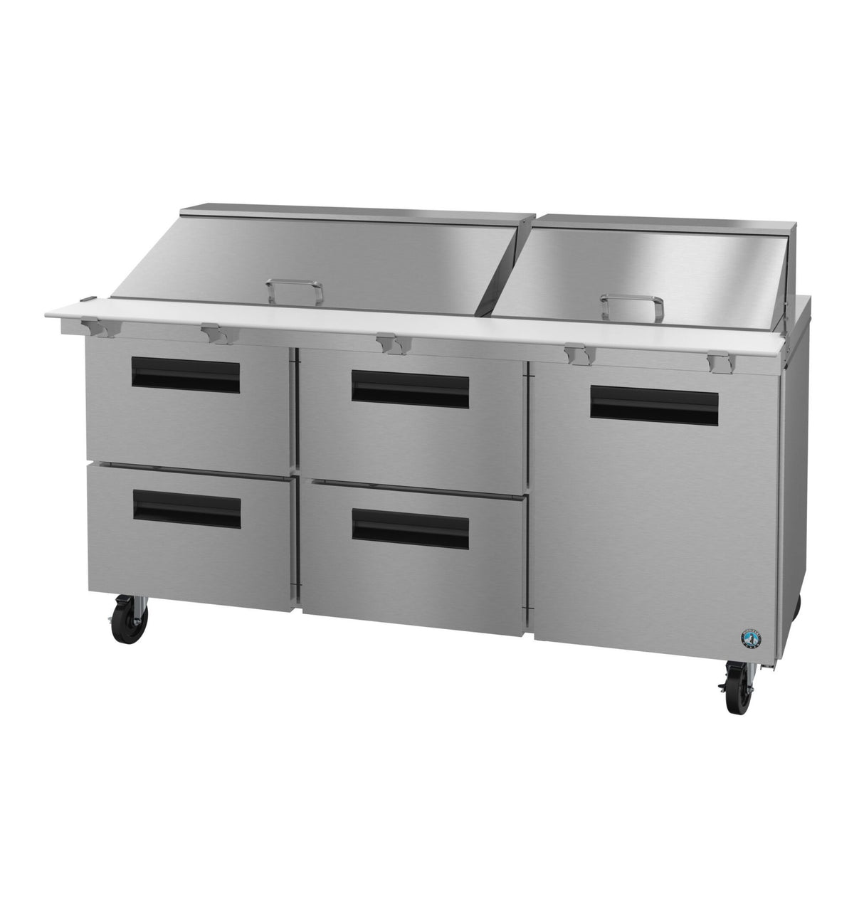 A large 72 inch stainless steel commercial kitchen prep table with six pull-out drawers, two hinged top lids, and sturdy wheels for mobility. The sleek surface is ideal for food preparation and cold storage in a mega top refrigerator style.