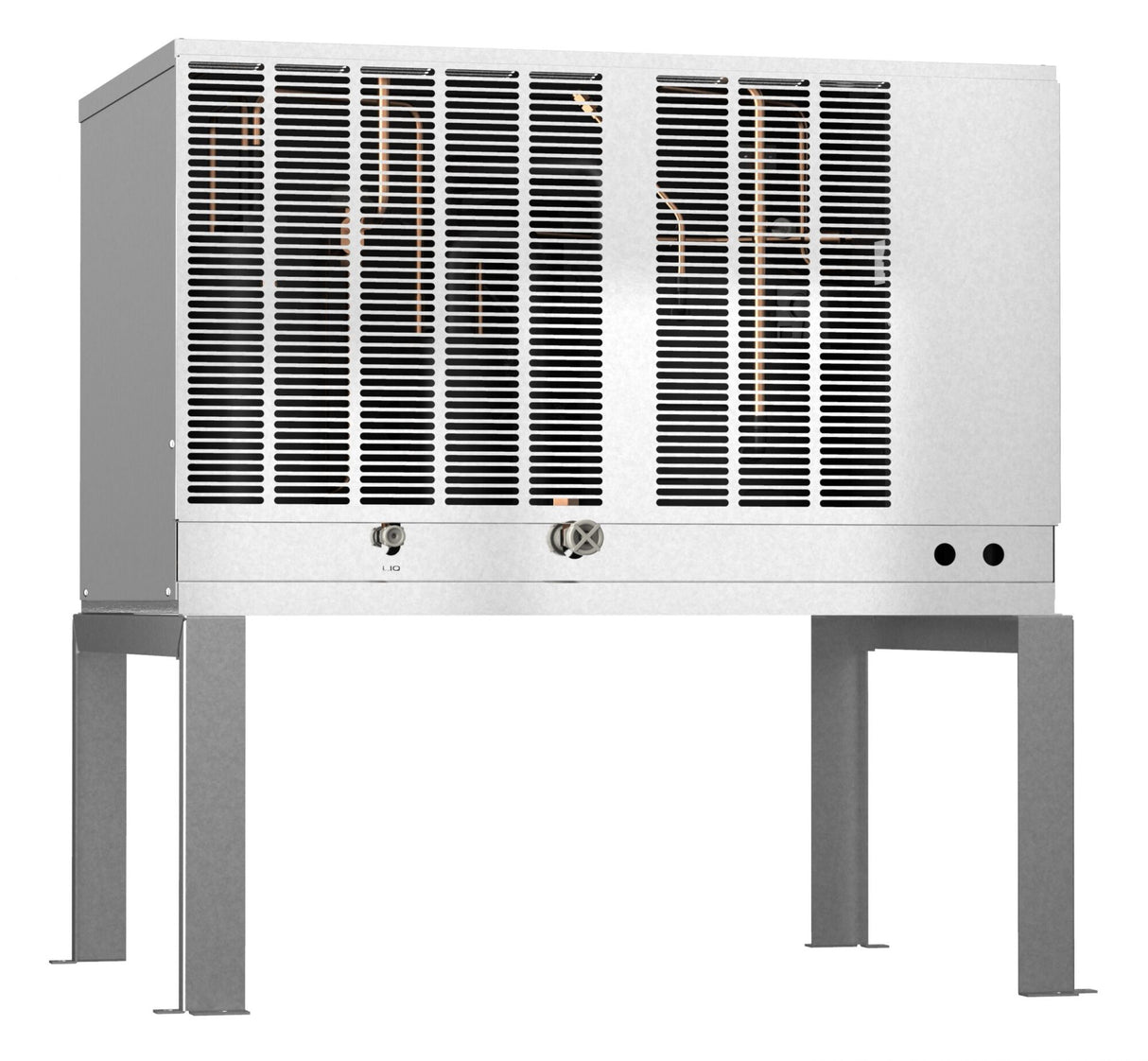 A large metal industrial unit, such as the Hoshizaki SRK-10J remote condenser, features vertical black vents on the front, is mounted on four sturdy gray legs, and has two dials or connectors with small round ports below the vent area. The background is plain white.